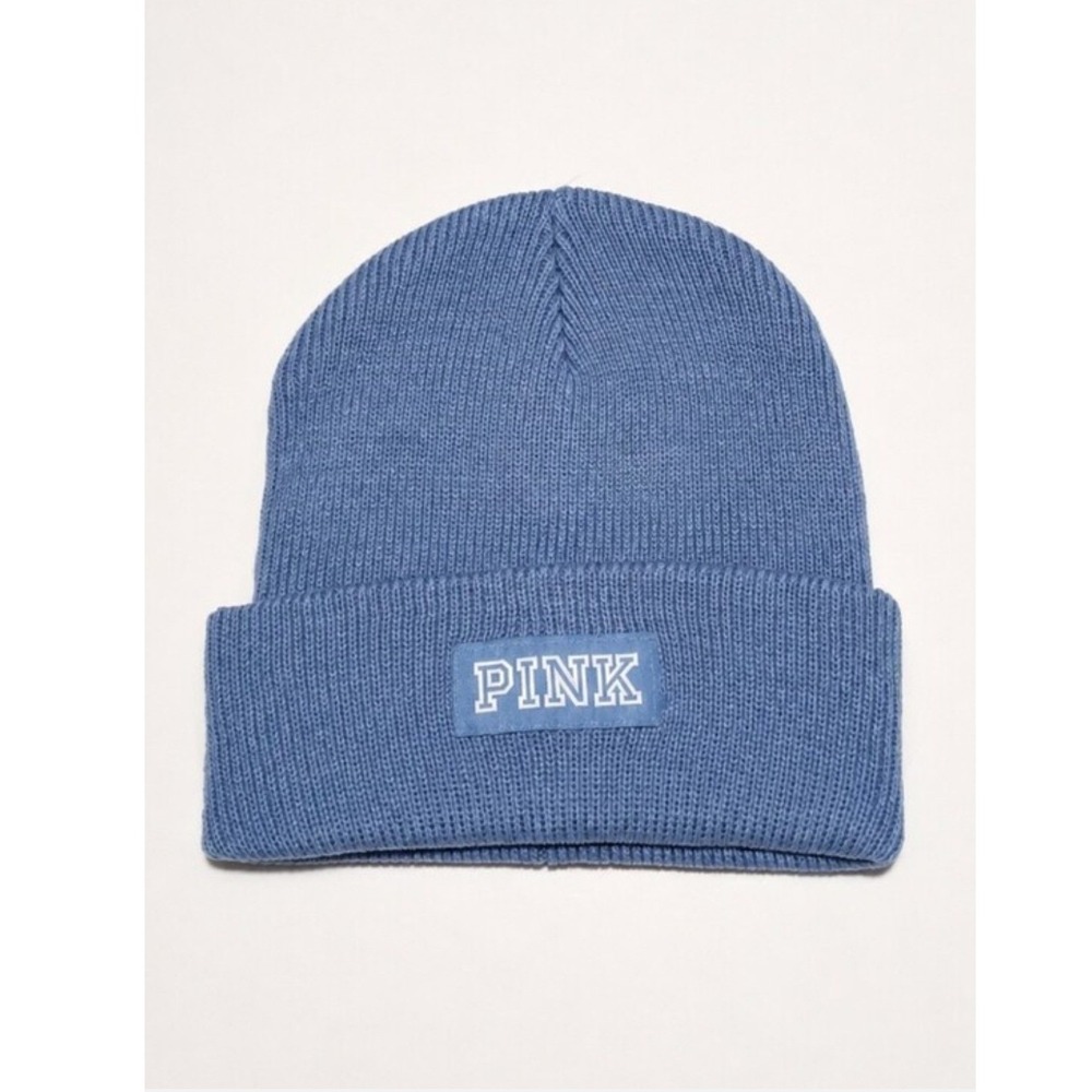 PINK Victoria's Secret Womens Cuffed Logo Rib Knit Blue Beanie Hat OS Streetwear